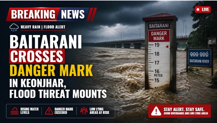 Baitarani Crosses Danger Mark in Keonjhar, Flood Threat Mounts